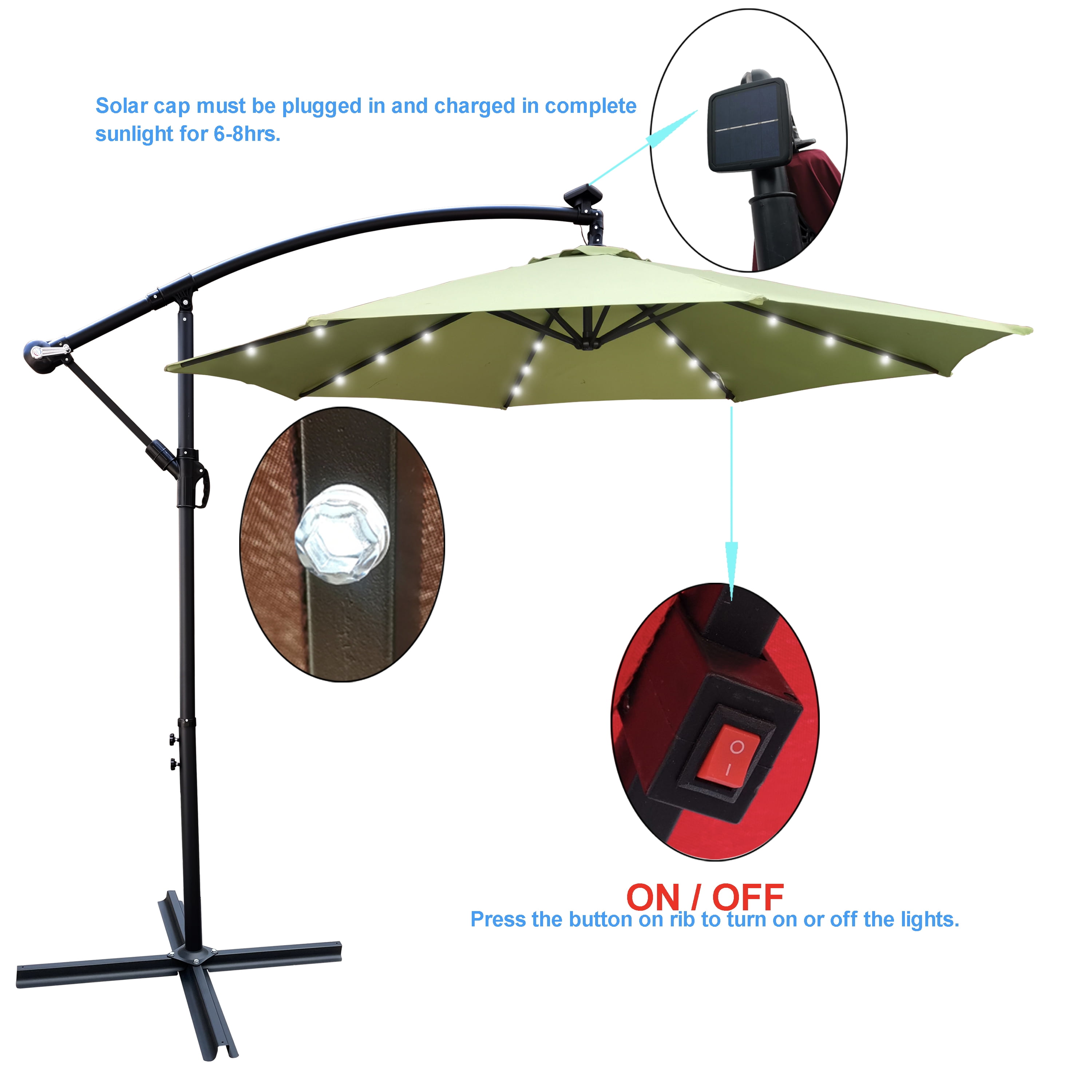 Jopath 10ft Patio Umbrella Solar Powered LED Lighted with Crank and Cross Base,Waterproof Market Umbrella for Garden Deck Backyard Pool Shade,Lime green