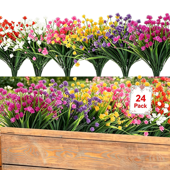 24 Pack UV Resistant Artificial Flowers for Outdoors Fake Plants Mixed Fake silk flowers Realistic Faux Plants Spring Summer Garden Yard Porch (6 Colors)