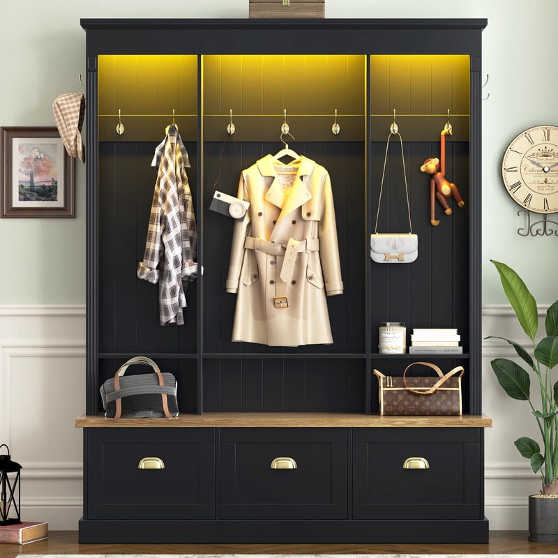 Elegant LED Lighted Hall Tree with 9 Hooks, Entryway Bench with 3 Storage Cabinets and Shelves, Farmhouse Coat Rack Mudroom Organizer with APP Controlled RGB Lighting