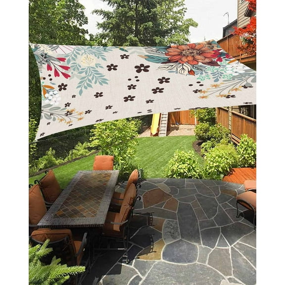 Sun Shade Sail 12x16Ft Boho Flower Plant Bohemian Abstract Floral Beige Linen Uv Block Sunshade Canopy Outdoor Shade Cover Rectangle Shade Cloth For Patio Garden Yard Deck Pergola