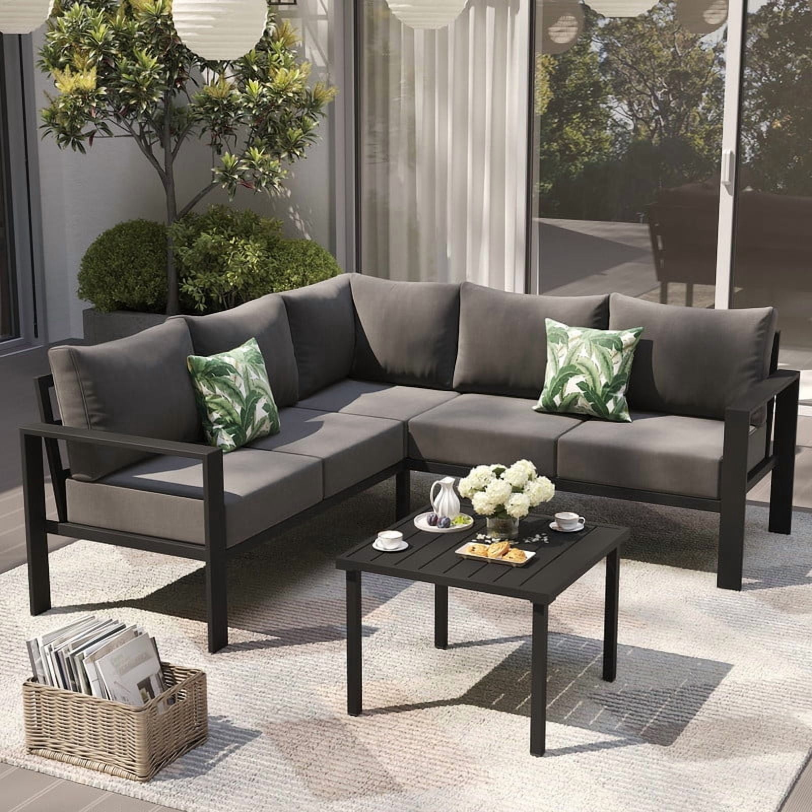 ELPOSUN 6 Pieces Patio Furniture Sets with 6" Thick Olefin Cushions, Metal Outdoor Sectional Furniture L Shape Patio Conversation Sets for Garden, Backyard, Black Frame, Gray