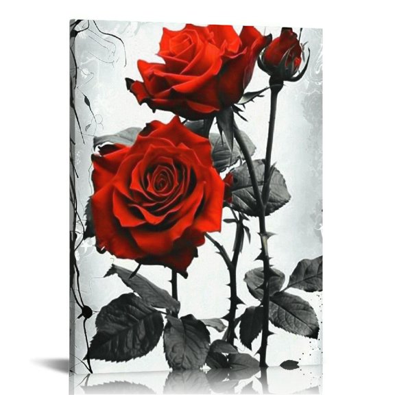 JRXY Elegant Rose Canvas Wall Art Red Rose Flower Prints Black and White Romantic Rustic Floral Picture Couples Bedroom Decor Framed(Red 12x16 in