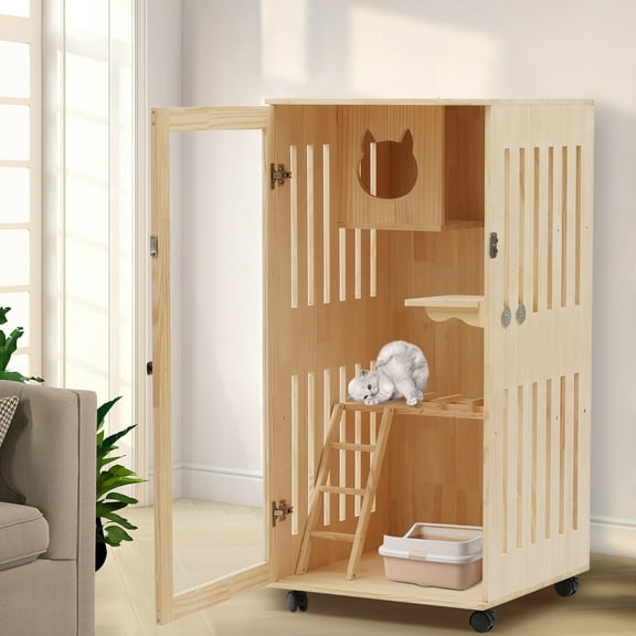 2-Story Wooden Patio Luxurious Cat Shelter House Condo w/ Universal Wheels LED