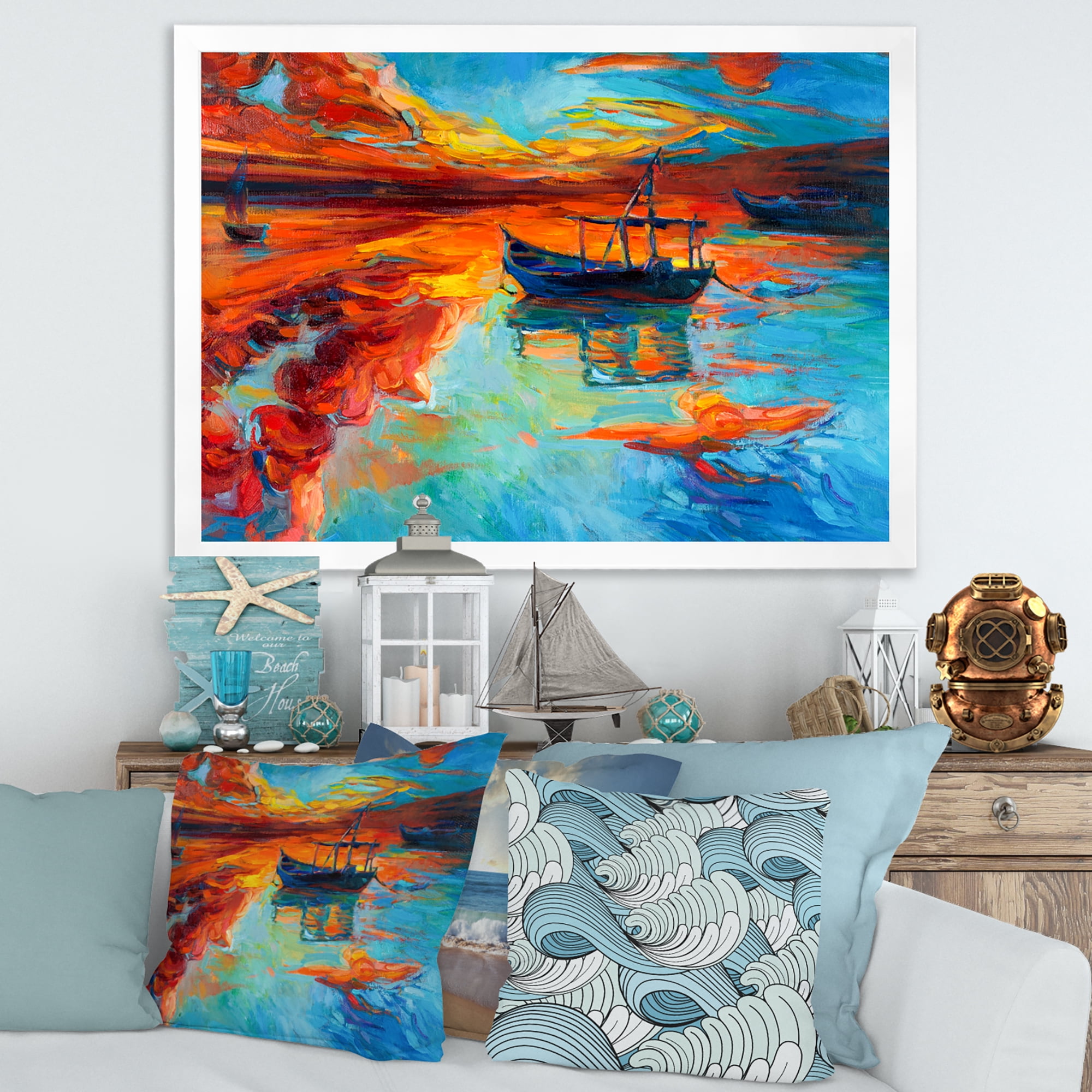 Boat At The Lake During Evening Glow IV 20 in x 12 in Framed Painting Canvas Art Print, by Designart