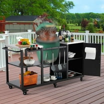 Grill Table for Big Green Egg Style BBQ, Heavy Duty Metal Outdoor Grill Station Prep Table with Storage, Hooks, Paper Towel Rack, Wheels