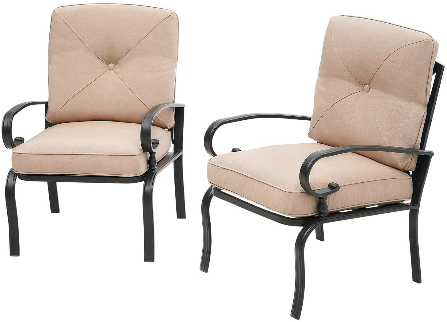 SUNCROWN Patio Furniture Outdoor Dining Chair Black Wrought Iron Bistro Sets with Brown Cushions (Set of 2)