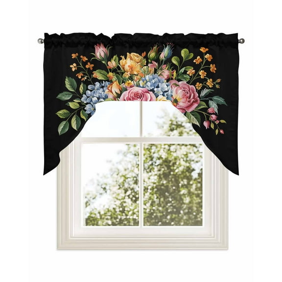 Pink Spring Floral Kitchen Curtains Swag Valance for Windows/Bathroom/Cafe, Watercolor Black Botanical Farmhouse Rod Pocket Drape Panel Swag Curtains Valance for Bedroom/Living Room 56"x36"