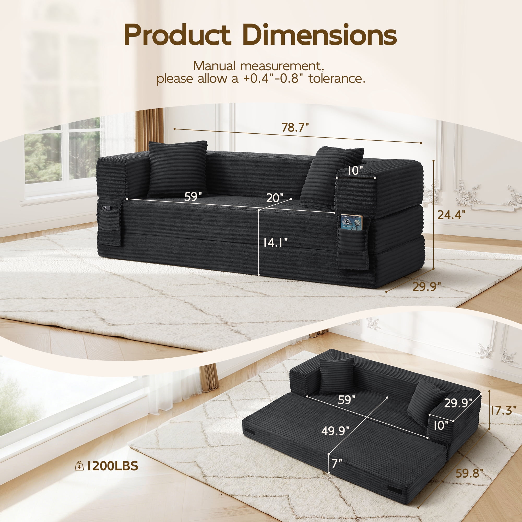 Aukfa 78.7" Corduroy Convertible Sofa Bed, Boneless Sleeper Sofa Couch for Living Room Apartment,Dark Gray