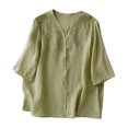 thumbnail image 1 of Tops de Algodón de Lino para las Mujeres Bordado Imitación Algodón Botón de Lino Cinco Cuartos de Manga Corta V-Cuello Superior, 1 of 9