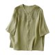 thumbnail image 1 of Tops de Algodón de Lino para las Mujeres Bordado Imitación Algodón Botón de Lino Cinco Cuartos de Manga Corta V-Cuello Superior, 1 of 9