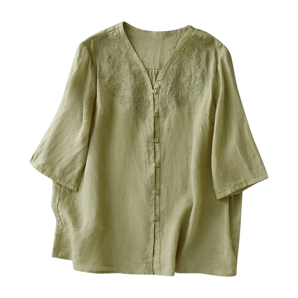Tops de Algodón de Lino para las Mujeres Bordado Imitación Algodón Botón de Lino Cinco Cuartos de Manga Corta V-Cuello Superior