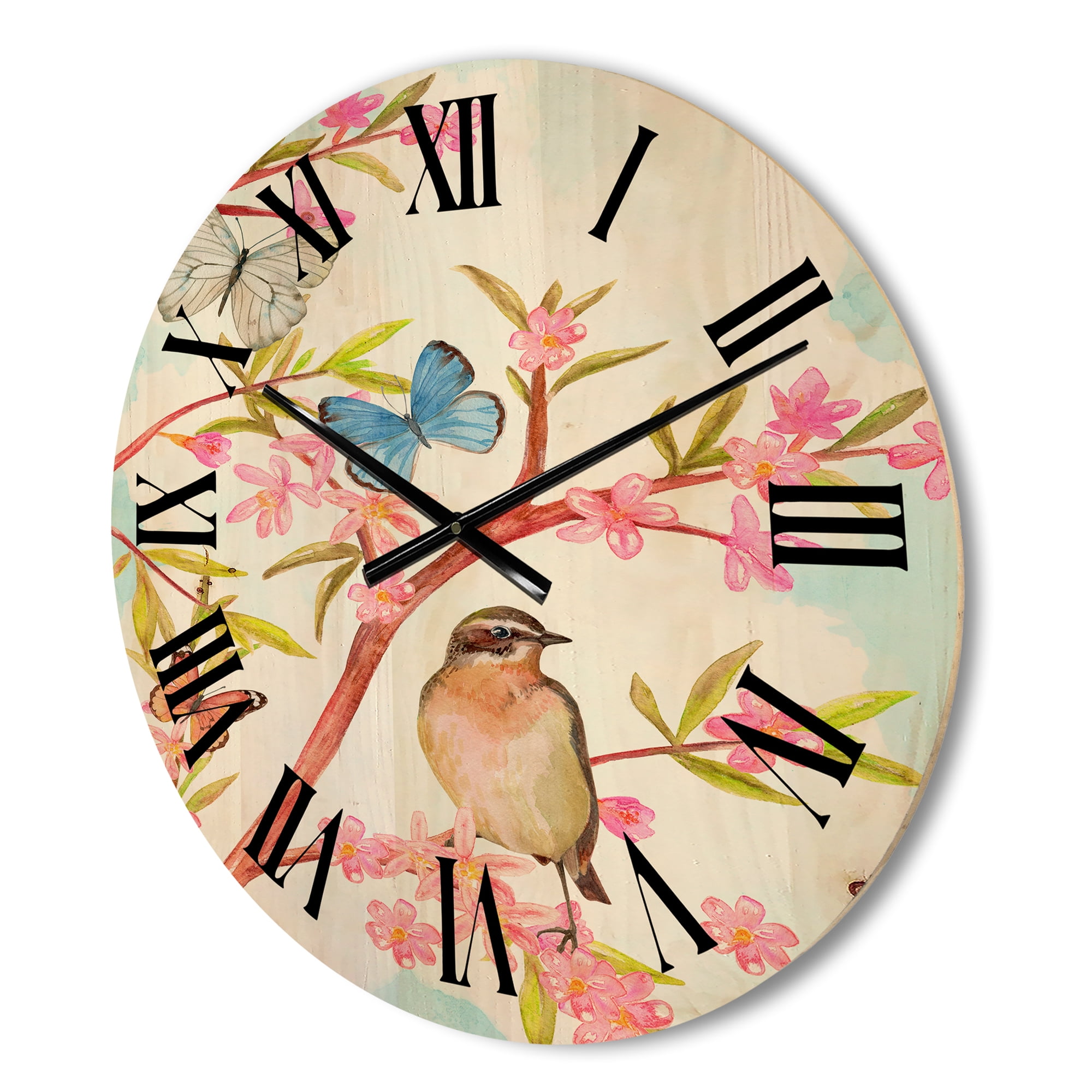 Designart 'Clever Bird Sitting On Branch of A Spring Tree With Butterflies' Traditional Wood Wall Clock