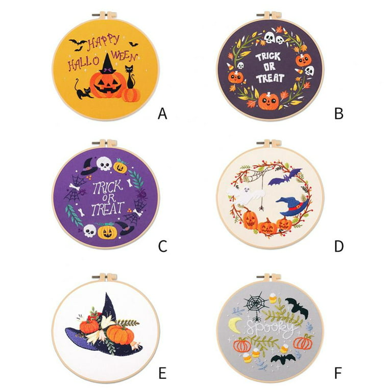 Halloween Embroidery Kit Adults Cross Stitch Kit Crafts Stamped Pumpkin Cat  Pattern Hand Embroidery Hoops Floss Thread Needles 