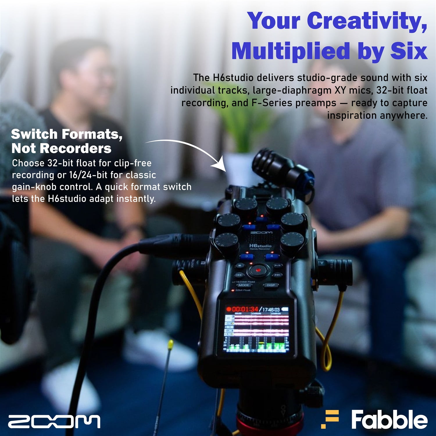 Zoom H6studio Handy Recorder Bundle with ZDM-1 Podcast Mic Packs, Headphones, Tabletop Stands, XLR Cables, Windscreens, 2X Memory Cards, Batteries, and Accessories