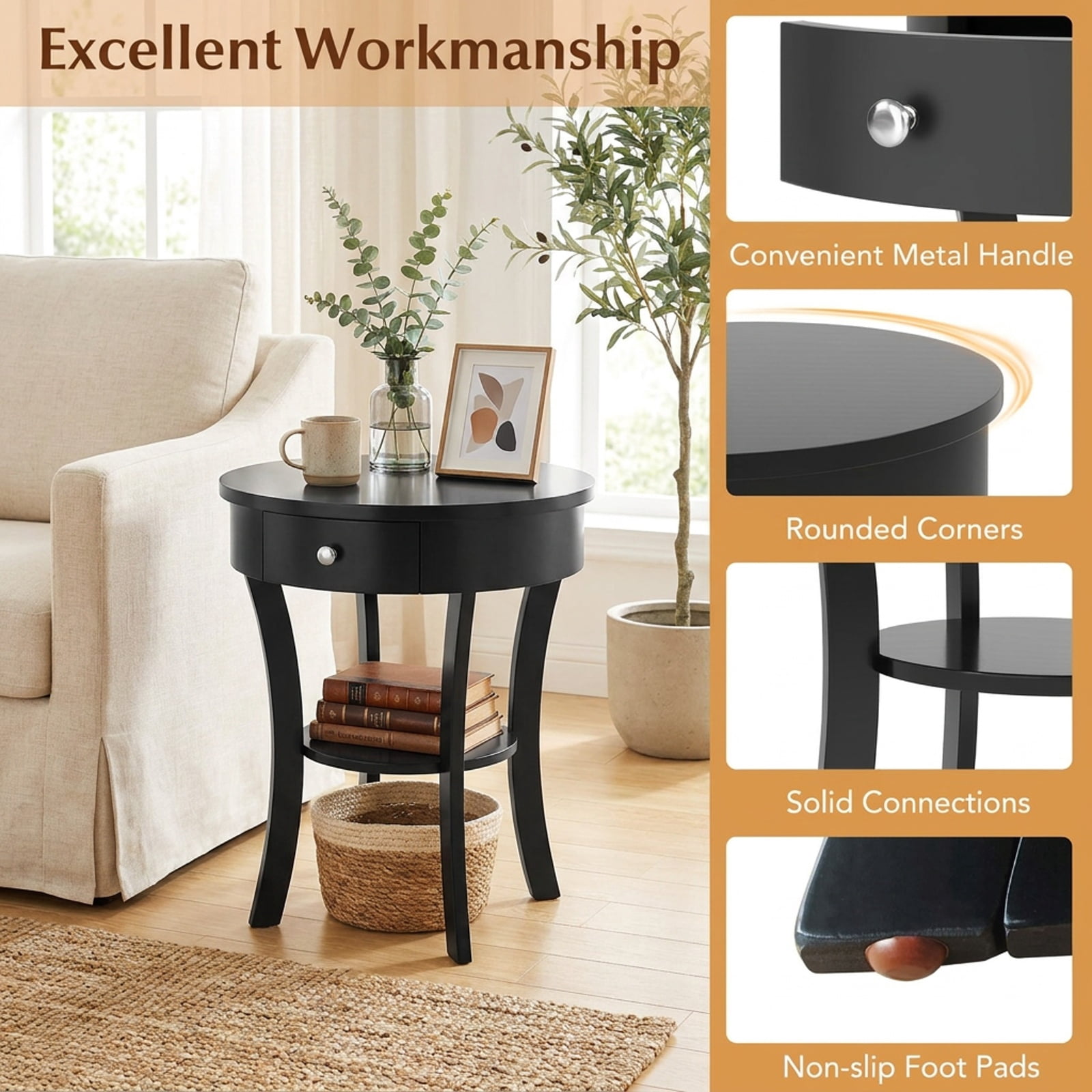 Furnibear 2 Tier Round End Table with Open Drawer and Storage Shelf for Living Room Bedroom and Bedside Accent Space, Black