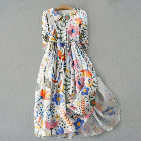 Fartey Summer Dresses for Women Fashion Floral Print Cotton Linen Midi Dress Summer Casual 3/4 Sleeve Drawstring Waist Dress Casual Flowy Lapel Lightweight Holiday Sundres