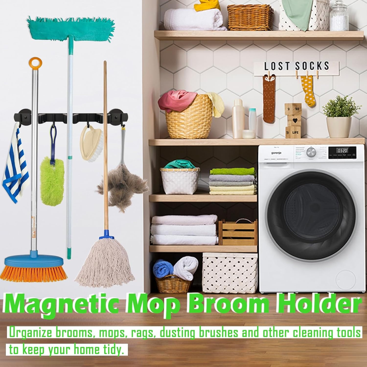 Strong Magnetic Mop Broom Holder, Heavy Duty Hanger for Refrigerators, Anti-Slip Magnet Wall Mounted Holder Storage Rack Laundry Garage Kitchen Workshops Shed
