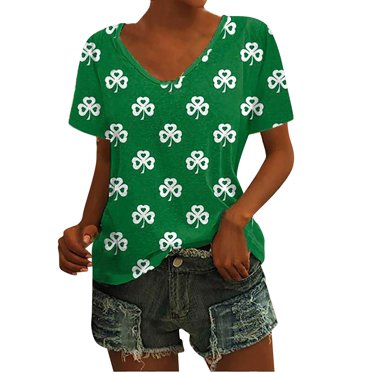 Hot Sale!! T-Shirt Trèfle de la Saint-Patrick pour Femmes Chanceux Irlandais Trèfle Vert T-Shirts Graphiques Chanceux Col en V Hauts Ag + TG