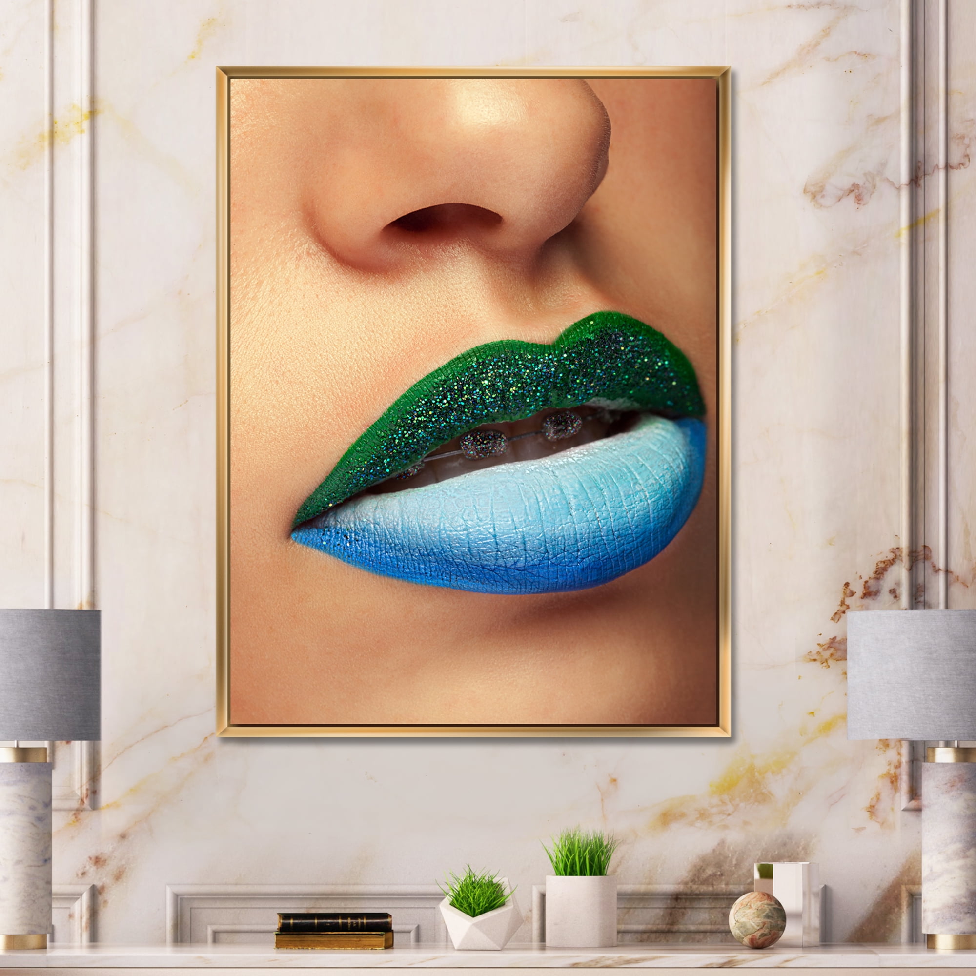 Designart 'Close Up Woman Lips With Fashion Make Up and Brackets' Modern Framed Canvas Wall Art Print