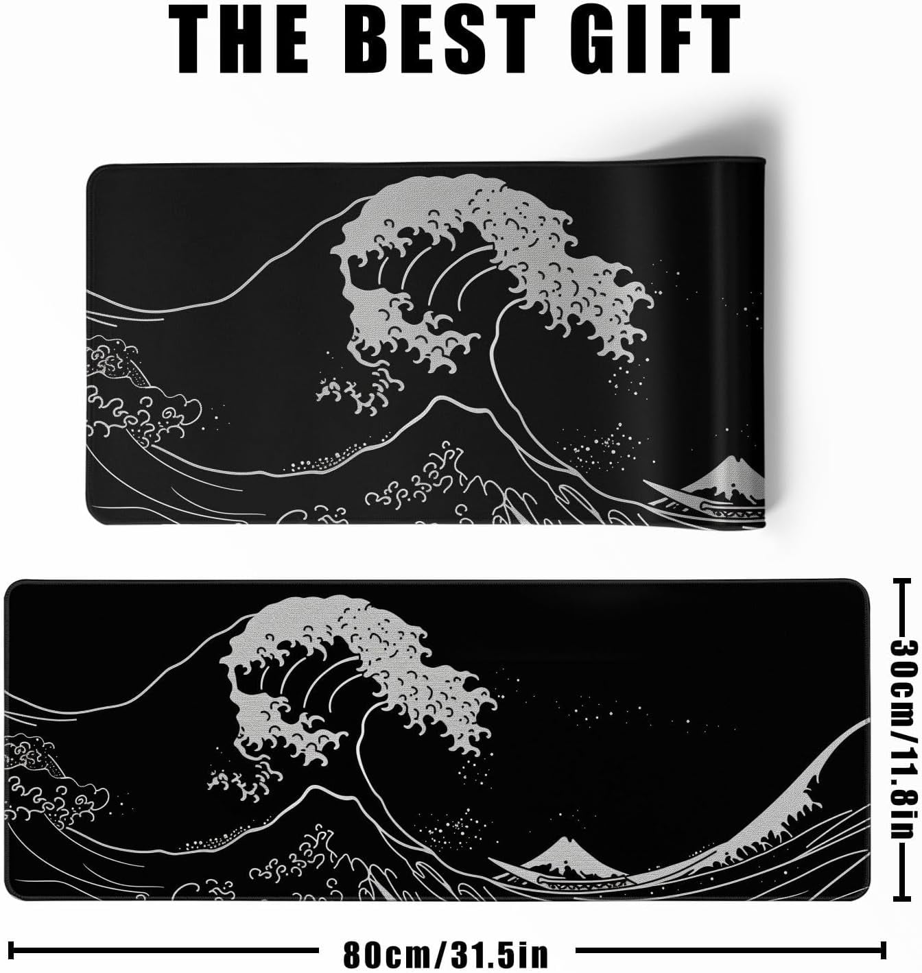 Japanese Sea Wave Gaming Mouse Pad Kanagawa Black Desk Mat Kawaii Mousepad Mouse Pad, Extra Large Deskmat Cut Laptop Mouse Pads Decor