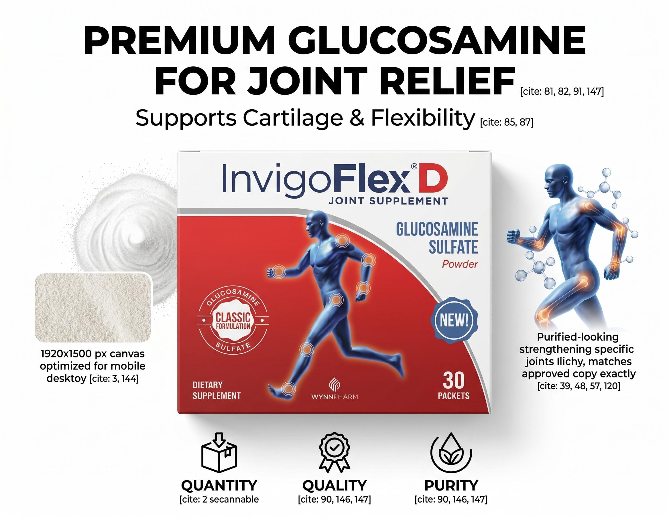 Invigoflex D 1500mg Glucosamine Sulfate Powder Packets, Joint Health Support, 30 Count 4 Pack