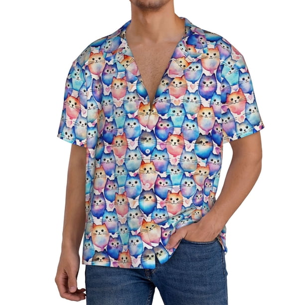 Fotbe Cartoon colorful cute cat Camisa Estampada de Manga Corta para Hombre, Casual de Verano, Estilo Playero, Sin Arrugas-Large
