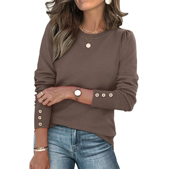 Ronuti 2025 Autumn Women's Round Neck Long Sleeve Button Sleeve Casual Loose Knitted Solid Color Soft Round Neck Sweater Top