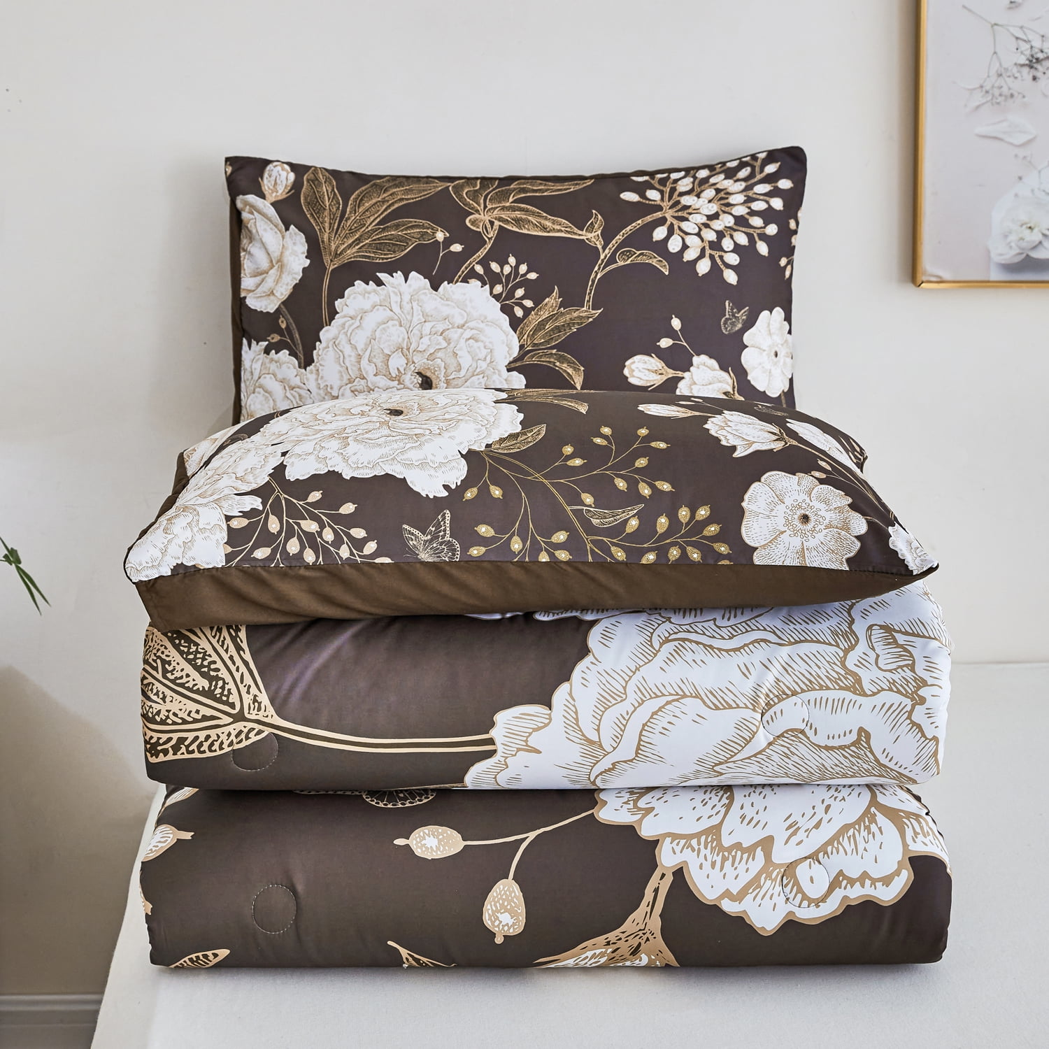 URBONUR 3 Pcs Floral Comforter Set Queen Size, Brown Gold Botanical Bedding Set, White Flower Butterfly Leaves Printed Bed Sets with 2 Pillowcases for Women Men