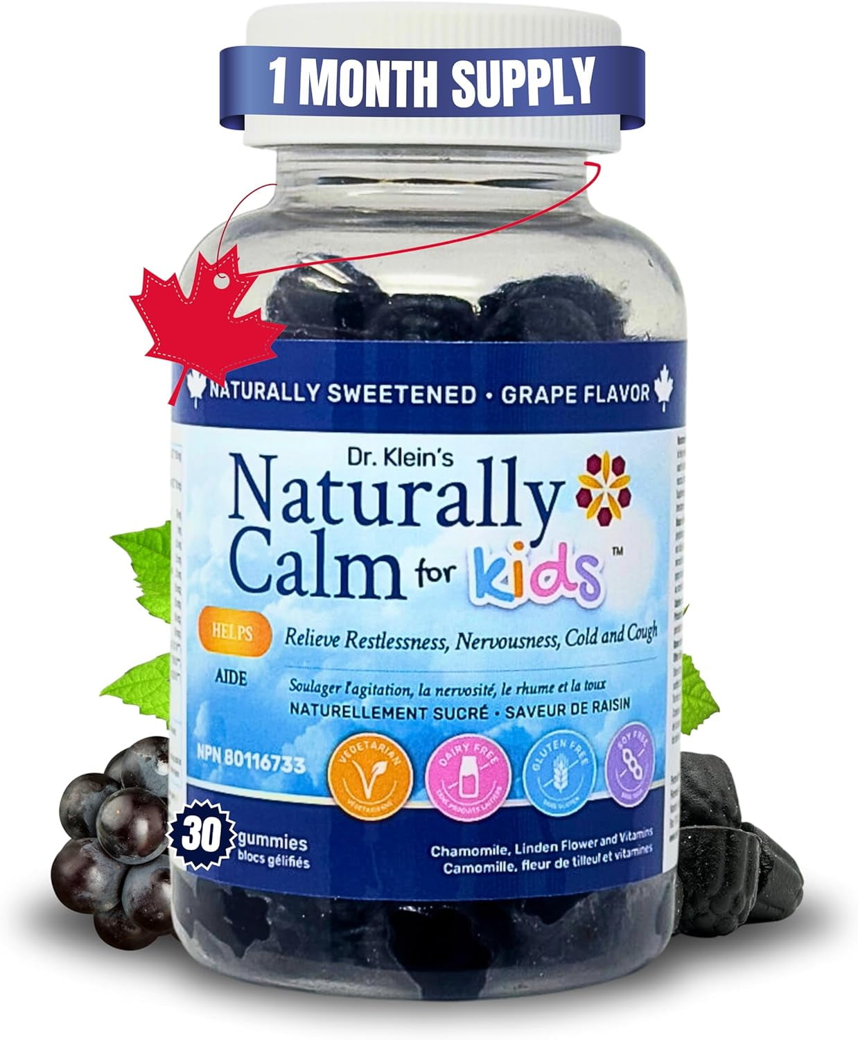 Dr. Klein's Naturally Calm Gummies for Kids – Magnesium Glycinate, Chamomile, & Linden Extract – Multivitamins that Promote Well-Being, Balance, & Overall Health – 30 Chewable Gummies – Grape Flavored – Rhoziva