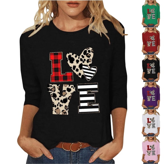 VKOYWKM Heart Print Shirts for Women Valentines Day T-Shirts 3/4 Sleeve Tops Cute Love Graphic Tees Tops Casual Spring Clothes Loose Fit Crew Neck Valentine Shirt