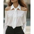 thumbnail image 2 of ZOELNIC Women's Off-Shoulder Tie Neck Shirt Solid Color Slim Fit Blouse for Elegant Casual, S, 2 of 6