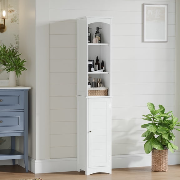 64"H Tall Bathroom Storage Cabinet with Adjustable Shelves,Slim Bathroom Storage with 1 Doors,Freestanding Cabinet with Anti-Tip for Home,Small Spaces,Bathroom,White