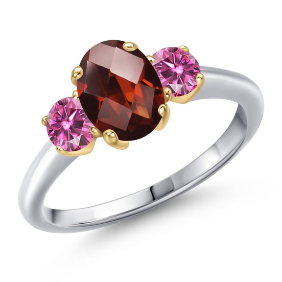 Gem Stone King 10K Two Tone Gold Red Garnet and Pink Moissanite Engagement Ring for Women | 1.99 Cttw | Oval Checkerboard 8X6MM | Gemstone January Birthstone | Size 9
