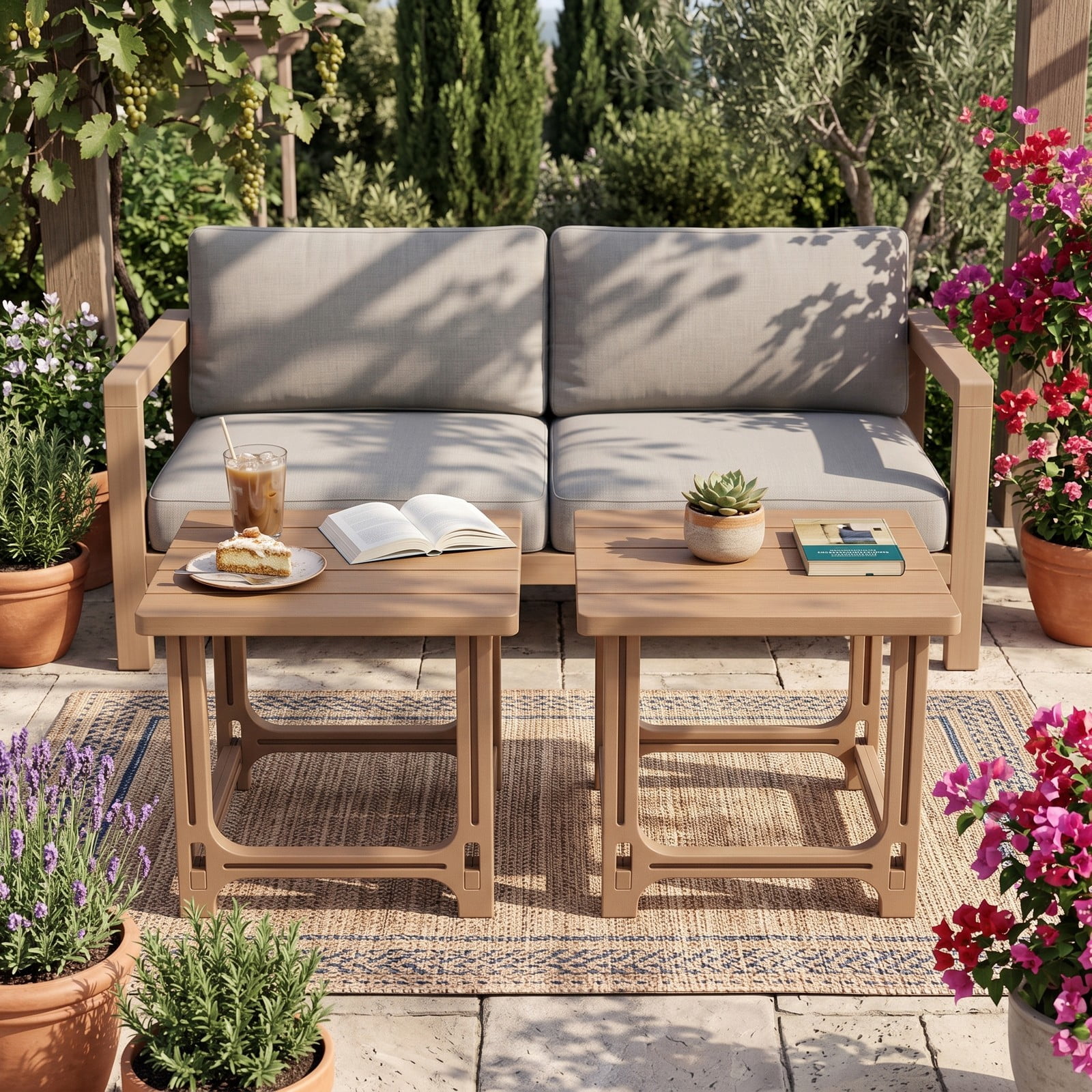 Furnibear Set of 2 18 Inch Square Outdoor HDPE Adirondack Side Tables with Slatted Top and X Panels for the Patio, Brown