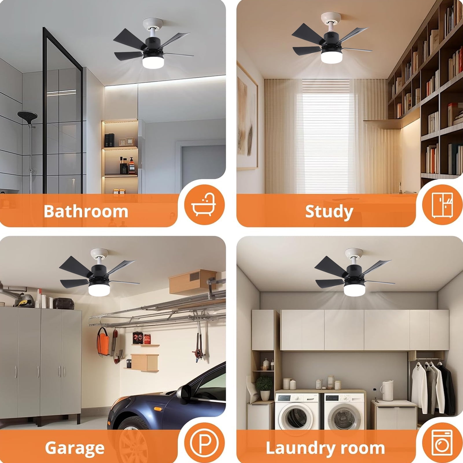 Socket Fan Light with Remote, 16” Screw Ceiling Fans with 3-Speeds, Dimmable LED, E26/E27 Base, Socket Fan Ceiling Fan for Garage Bathroom Bedroom Kitchen, Black Round Lamp
