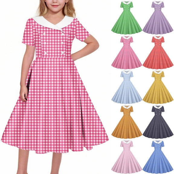 Vornjynx Midi Dresses for Kids Girls Plaid Printed Button-Up Collar V Neck Summer Wedding Trendy Dress Pink Size 8