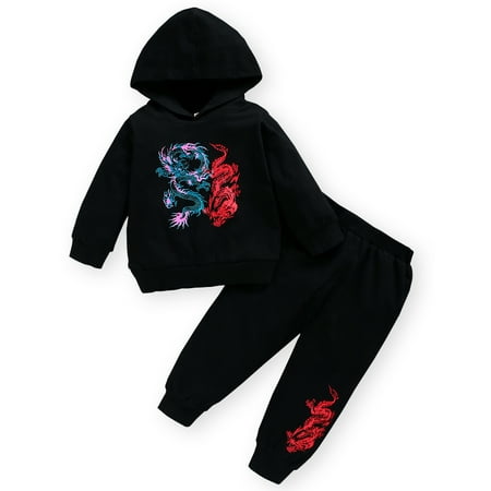 

KIMI BEAR Infant Boys Outfits 18 Months Infant Boy Autumn Outfits 24 Months Infant Boy Casual Flying Dragon Print Hooded Long Sleeve Top + Pants 2PCs Set Black