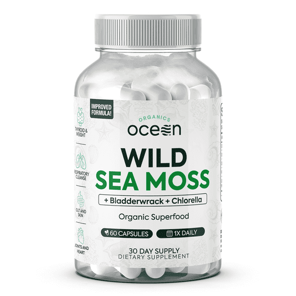 Organics Ocean Wild Sea Moss Supplement – 100% Organic Irish Sea Moss with Chlorella & PhytoD3(TM) – 60 Capsules – Energy & Thyroid Support