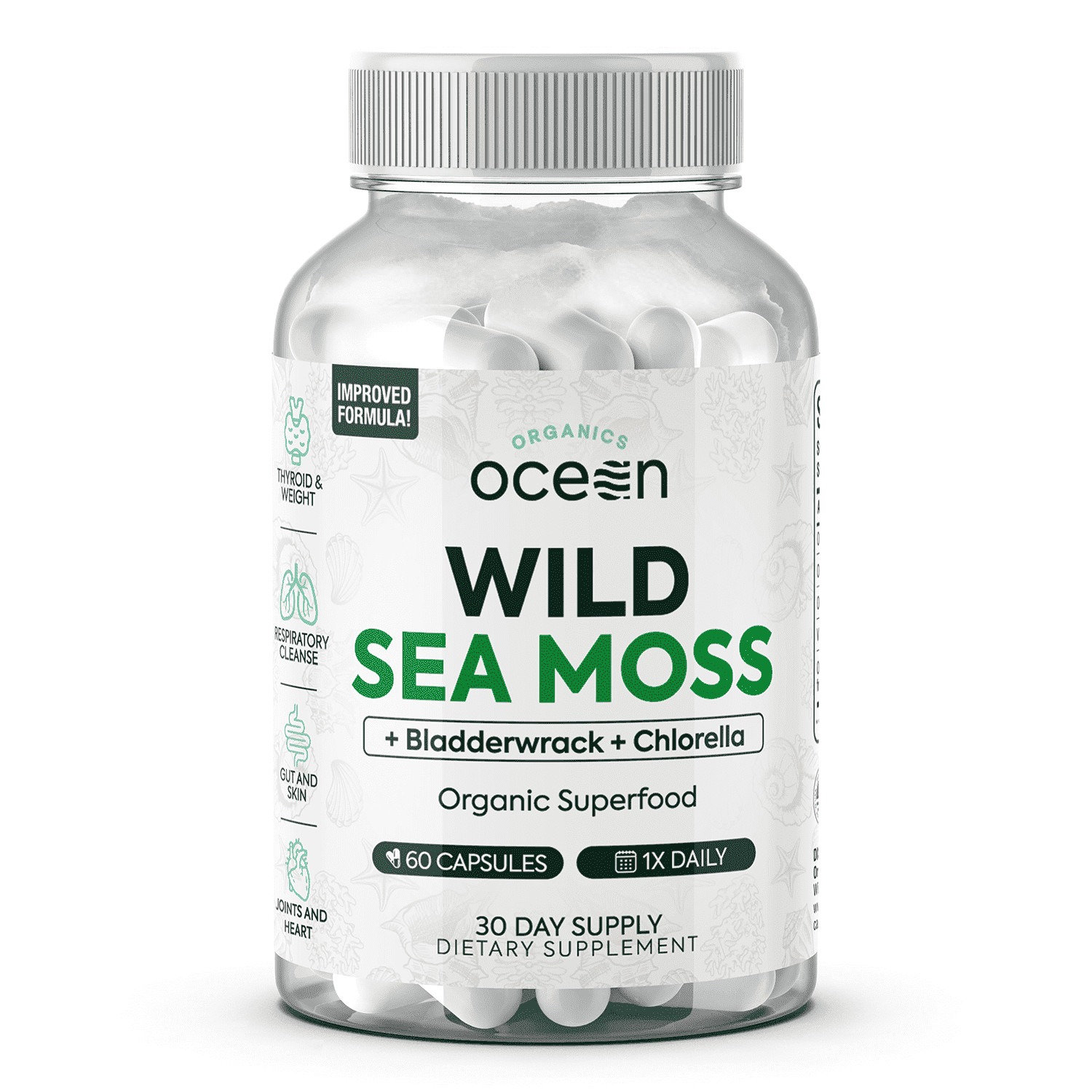 Organics Ocean Wild Sea Moss Supplement – 100% Organic Irish Sea Moss with Chlorella & PhytoD3(TM) – 60 Capsules – Energy & Thyroid Support