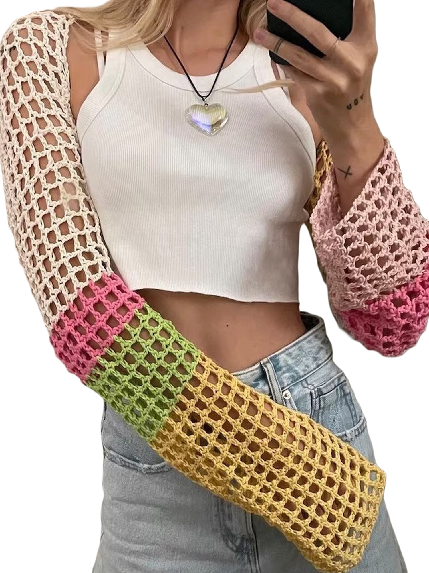 Tsseiatte Women Mesh Shrug, Long Sleeve Crochet Contrast Color Ladies  Summer Daily Party Crop Top 