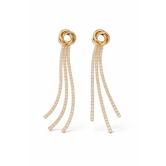 Gold Rhinestone Tassel Earrings for Women – Knot Stud Dangle Earrings with Crystal Fringe – Elegant Statement Jewelry