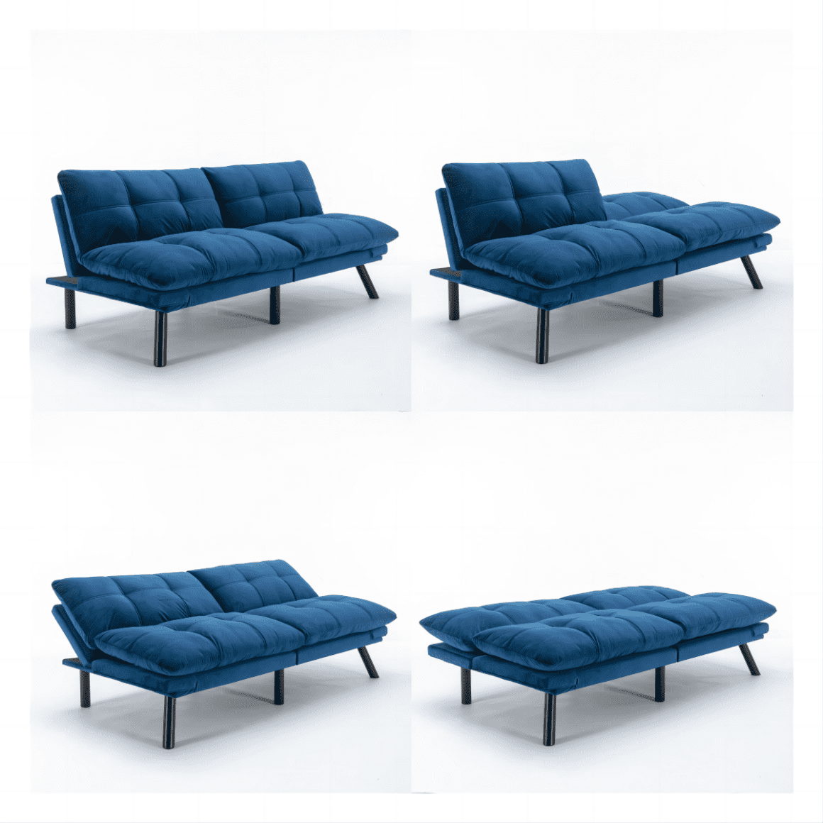 Triple Tree Velvet Adjustable Backrest Armrests Convertible Sofa, Navy Blue