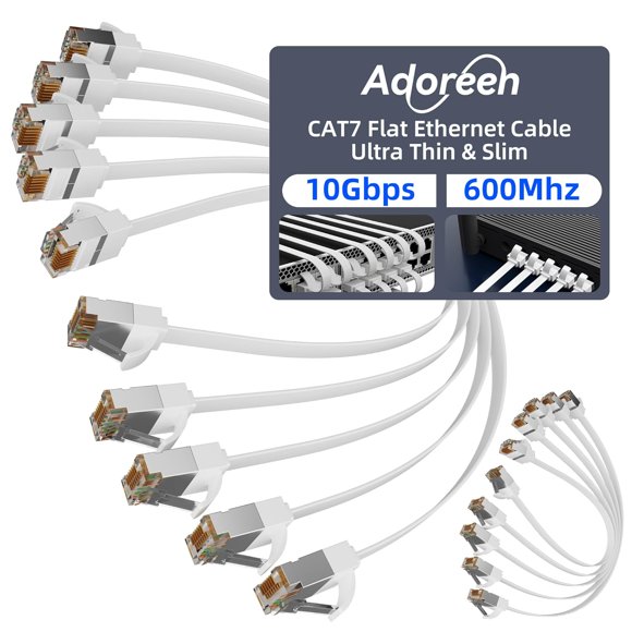 shiyou-Cat 7 Flat Ethernet Cable 1 Ft/10 Pack, High-Speed Shielded Internet Network Cable with Low Profile&Compact RJ45 Connector, Thin Slim Short Cat 6E 6A Patch Cord,S/FTP,POE,10Gbps 600MHZ, White