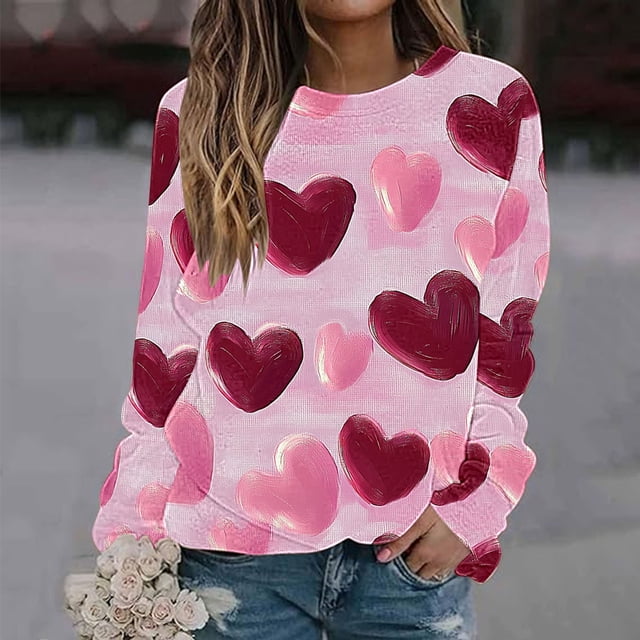 BVOFAR T-Shirts à Manches Longues Col Rond pour Femmes Imprimé Cœur Mignon Décontracté Grande Taille Tops Confortables 2025
