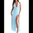 thumbnail image 1 of Vestido con Cuello en V Profundo y Cuello Halter para Mujer, Sin Mangas, Espalda Descubierta y Abertura. Azul S, 1 of 8