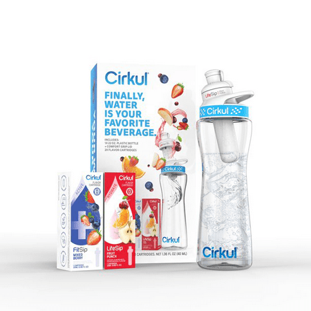 Cirkul 22 oz Plastic Water Bottle Starter Kit with Blue Lid and 2 Flavor Cartridges (Fruit Punch & Mixed Berry)