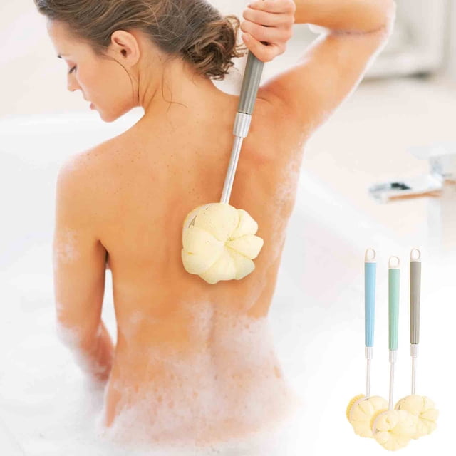 Cepillo de ducha retráctil de mango largo con cerdas suaves - Raspado para la espalda y cepillo de masaje - Herramienta de baño ajustable con bola de ducha de doble cara para exfoliación