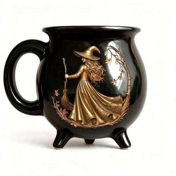 Witch Cauldron Mug,11.8 oz Ceramic Spooky Halloween Coffee Cup with Gold Print Design & Sturdy Handle for Home Decor,Fall Party,Office & Holiday Gift