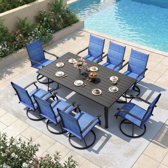 Richryce 9-Piece Outdoor Patio Dining Set, Metal Table with Umbrella Hole, 8-Person Patio Table and 8 Swivel Chairs for Garden, Blue Chairs