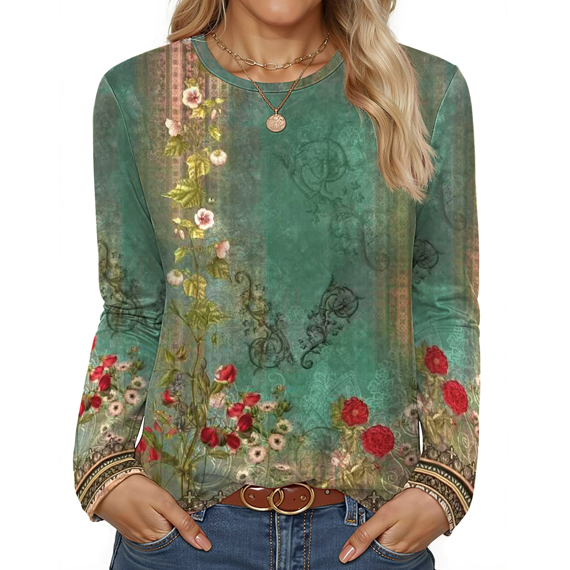 Fantaslook Women Tunic Tops Casual Long Sleeve Shirts Crew Neck Fall Tops Basic Tees Floral Dressy Blouses